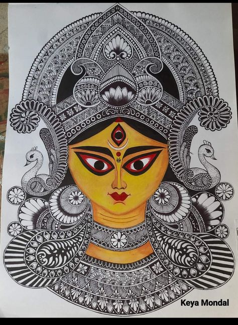 Durga Goddess Mandala Art, Navaratri Drawings Mandala, Navratri Mataji Drawing, Shiv Shakti Painting Easy, Sketch Of Maa Durga, Mandala Durga Maa, Mandala Art Durga Maa, Drawing For Durga Puja, Durga Maa Drawing Sketch