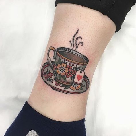 Traditional Coffee Cup Tattoo, Cup Of Tea Tattoo, Coffee Cup Tattoo, Tea Tattoo, Teacup Tattoo, Tattoos Traditional, Cup Tattoo, Coffee Tattoos, Traditional Tattoo Sleeve