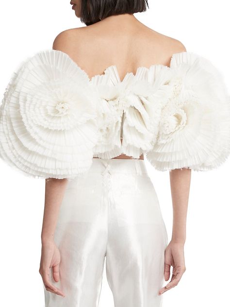 Shop Aje Expressive Ruffled Crop Top | Saks Fifth Avenue Pleated Organza, Ruffled Crop Top, Organza Top, Fancy Wedding Dresses, Pleated Top, Linen Blend Pants, October 2022, London Fashion Week, Moda Operandi