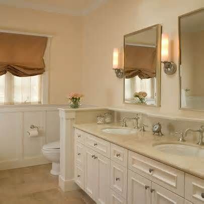 bathroom with wall divide toilet - Yahoo! Image Search Results Rustic Bathroom Remodel, Grey Floating Shelves, Beige Cabinets, Traditional Bathroom Designs, Bathroom Plan, Pony Wall, Full Bathroom Remodel, Half Walls, Floating Shelves Bathroom