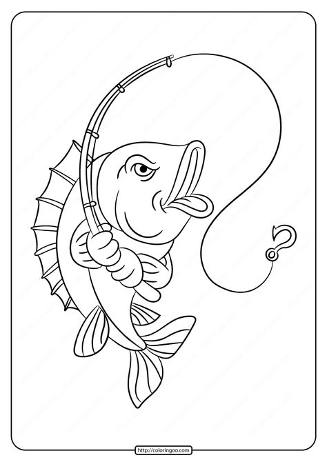 Printable Fish with Fishing Rod Coloring Pages Fishing Coloring Pages Free Printable, Fishing Doodles, Fishing Coloring Pages, Fishing Drawing, Printable Fish, Fish Cards, Firework Colors, Ballerina Coloring Pages, Canvas Party