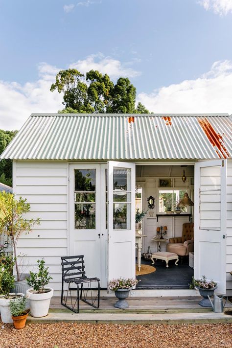 Vintage European Pieces Adorn This Country Paradise | Country Style Countryside Home Exterior, She Sheds Ideas, He Shed She Shed, Modern Victorian Farmhouse, She Shed Designs, 1940s Bungalow, Sheds Ideas, He Shed, Mobile Spa