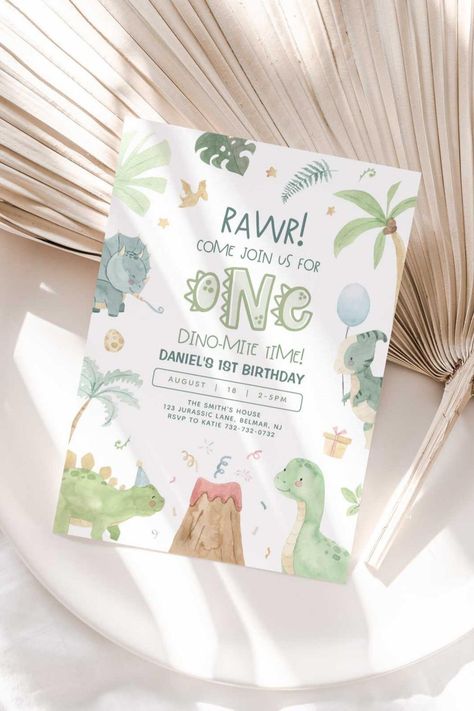 Dinosaur First Birthday Invitation One O Saurus Birthday Party, 1st Birthday Dinosaur Theme, First Birthday Themes Boy, Birthday Dinosaur Theme, 1st Birthday Dinosaur, First Birthday Theme Boy, Birthday Dinosaur, Dinosaur Birthday Invitations, Dinosaur First Birthday