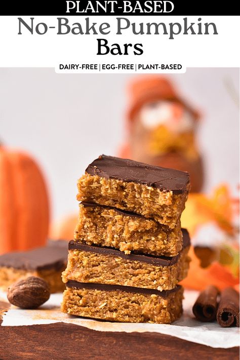 No-Bake Pumpkin Bars Hashimotos Diet, Pumpkin Bites, Healthy Pumpkin Bars, Conscious Plant Kitchen, No Bake Oatmeal Bars, No Bake Pumpkin, Pumpkin Oats, Bake Pumpkin, Raw Vegan Desserts