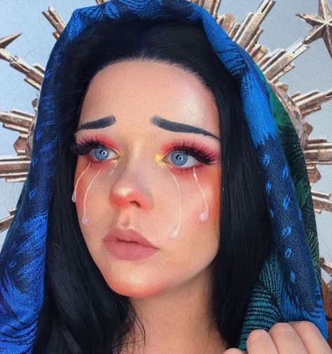 Tear Make Up, Fake Tears Makeup, Black Tears Makeup, Virgin Mary Makeup, Virgin Mary Crying, Tears Makeup Look, Makeup Tears, Mary Crying, Tear Makeup