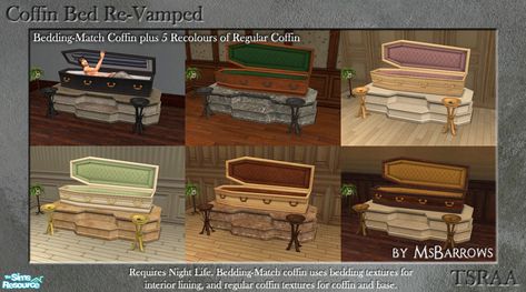 The Sims Resource - Coffin Beds Re-Vamped Sims 2 Vampire, Sims 4 Coffin Cc, Coffin Beds, Goth Furniture, Coffin Bed, Pine Walls, Twilight Fans, Creatures Of The Night, Sims Community