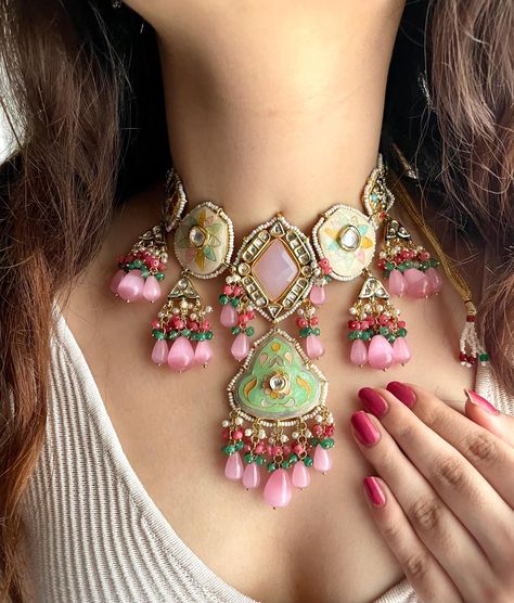 Gorgeous premium quality fusion style mint and pink kundan and meenakari necklace with matching earrings  Highest quality and craftsmanship Weight- 110gms Necklace Length 14" (adjustable length with a golden zari dori at the back) Earring Length- 3.5" Each earring weighs 30 gms only Earrings closure- Pushback Indian Kundan Jewellery, Meenakari Necklace, Bollywood Glamour, Ceramic Jewellery, Necklace Set Indian, Back Necklace, Bollywood Jewelry, Beaded Jewelry Designs, Pink Jewelry