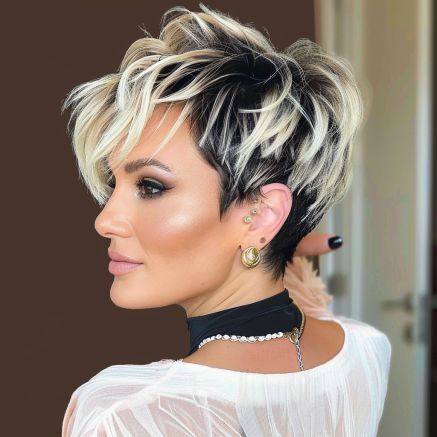 Short Blonde Hair With Black Streaks, Short Skunk Hair, Funky Pixie Cut, Asymmetrical Haircuts, Pixie Cut With Highlights, Chunky Blonde Highlights, Blonde Haircut, Skunk Hair, Frosted Hair