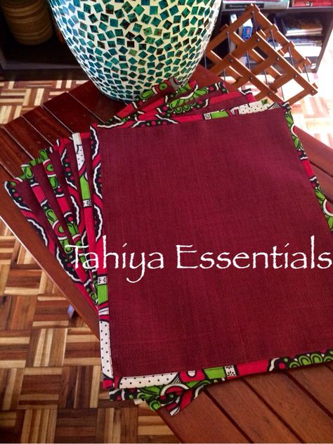 Decorate,protect and add finishing touches to your table with our beautiful placemats. They are made out of hessian material with a kanga binding.and inspired by African print  #Khanga, #Kanga, #Leso, #Lesso, #Kitenge, #Ankara. Beautiful Placemats, African Table, African Home Decor, Table Cloths, Kitenge, House Interiors, Place Mats, Diy Wall, Soft Furnishings