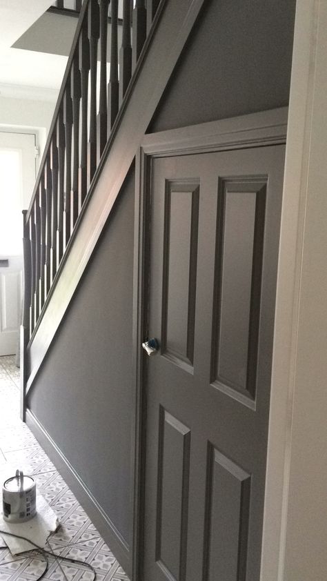 Grey hallway Dulux Urban Obsession Grey Victorian Hallway, Green And Grey Hallway Ideas, Grey Tile Hallway, Staircase Ideas Grey, Urban Obsession Dulux Paint, Dulux Urban Obsession, Grey Landing And Stairs, Grey Banister Staircases, Black And Grey Hallway