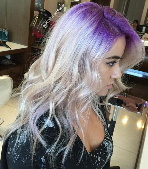 ash blonde hair with purple roots Blonde Hair With Purple Roots, Blonde Hair Purple Roots, Purple Roots Blonde Hair, Blonde Hair With Purple, Purple Roots, Purple Hair Ideas, Hair With Purple, Pastel Purple Hair, Blonde Hair With Roots