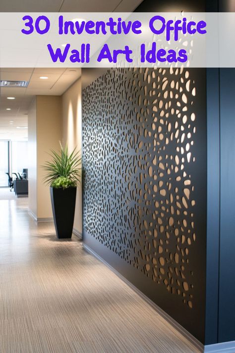 A sleek hallway features a custom laser-cut metal art panel, showcasing contemporary office design that blends creative office space design interiors with professional office decor, including elements of corporate office wall art and a modern alternative to wall murals for office spaces. Logo Wall Design Office Branding, Office Entry Design, Creative Office Wall, Company Culture Wall, Office Decor Artwork, Office Wall Ideas, Office Wall Art Ideas, Bold Wall Art, Business Office Design