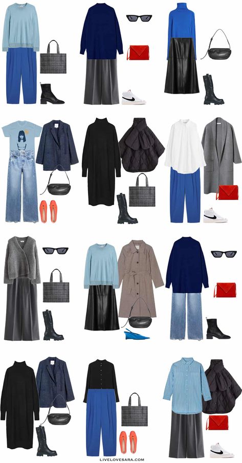 Blue Capsule Wardrobe, Blue Outfit Winter, Bright Winter Outfits, Ideas Armario, Clothes Capsule Wardrobe, Capsule Wardrobe Women, Ribbed Pants, Capsule Wardrobe Outfits, Fashion Sketches Dresses