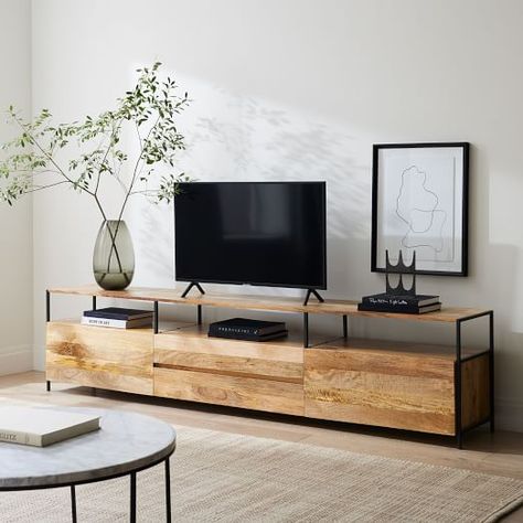 Media Consoles w/ Storage | West Elm Black And Wood Tv Console, Plank Furniture, Tv Consoles, Modern Media Console, Wood Entertainment Center, Tv Table, Primary Suite, Decor Eclectic, Cool Tv Stands