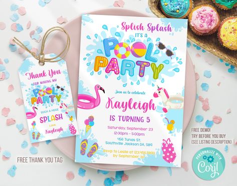 Swimming Birthday Party Invitations, 8th Birthday Pool Party Girl, Pool Party 10th Birthday, 3rd Birthday Pool Party For Girl, First Birthday Pool Party Girl, 10th Birthday Pool Party Ideas, Pizza Pool Party, Girl Pool Party Ideas, Girls Pool Party Birthday Ideas