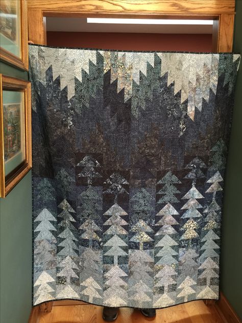 Katie and Vinnie’s wedding quilt Winter Solstice quilt pattern by Quiltwoman in blue/gray batiks Winter Quilt Patterns, Winter Quilt, Quilt Patterns Mountains, Solstice Quilt, Moody Quilt Pattern, Winter Solstice Quilt Pattern, Quilt Pattern Mountains, Quilts With Mountains And Trees, Winter Solstice Quilt