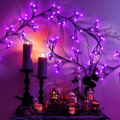 6 Feet 54 LED Halloween Garland Decorations with Orange Pumpkin Lights, 8 Flashing Modes, Battery Operated Twigs Vine for Halloween Decorations Indoor Outdoor Home Party Fireplace! | Ophelia & Co. 54 LED Halloween Willow Vine Twig Garland w/ Bats Purple Lights for Halloween Decorations black, Plastic | C111784702 | Wayfair Canada Twig Garland, Led Purple, Purple Lights, Fireplace Mantle Decor, Purple Pumpkin, Halloween Garland, Purple Halloween, Pumpkin Lights, Harry Potter Birthday