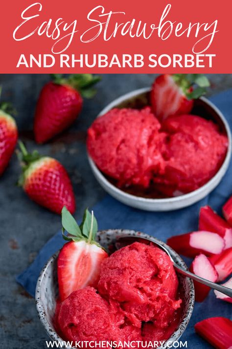 Only five ingredients needed for this Easy Strawberry and Rhubarb Sorbet. No churn, refined sugar free and gluten free too! #strawberry #rhubarb #sorbet #sugarfree #glutenfree Rhubarb Sorbet, Strawberry Sorbet Recipe, Strawberry Rhubarb Recipes, Sorbet Is, Sorbet Recipe, Warm Desserts, Healty Dinner, Sugar Free Treats, Strawberry Sorbet