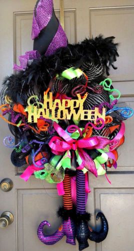 HAPPY-HALLOWEEN-X-Large-50-034-Deco-Mesh-Witch-Posable-Legs-Hat-Wreath-Door-Decor Halloween Witch Wreath, Halloween Mesh Wreaths, Hat Wreath, Happy Halloween Signs, Halloween Deco Mesh, Witch Legs, Diy Halloween Wreath, Witch Wreath, Thanksgiving Decorations Diy