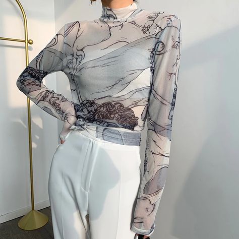 Yedinas Turtleneck Mesh Blouse Women Renaissance Print Long Sleeve See Through Top Ladies Sheer Designer Top Clothing|Blouse| - AliExpress Sheer Sleeves Top, Mesh Blouse, Blouse Material, Women Long Sleeve Tops, Long Sleeve Turtleneck, Mesh Long Sleeve, Print Models, Woven Dress, Sheer Sleeves