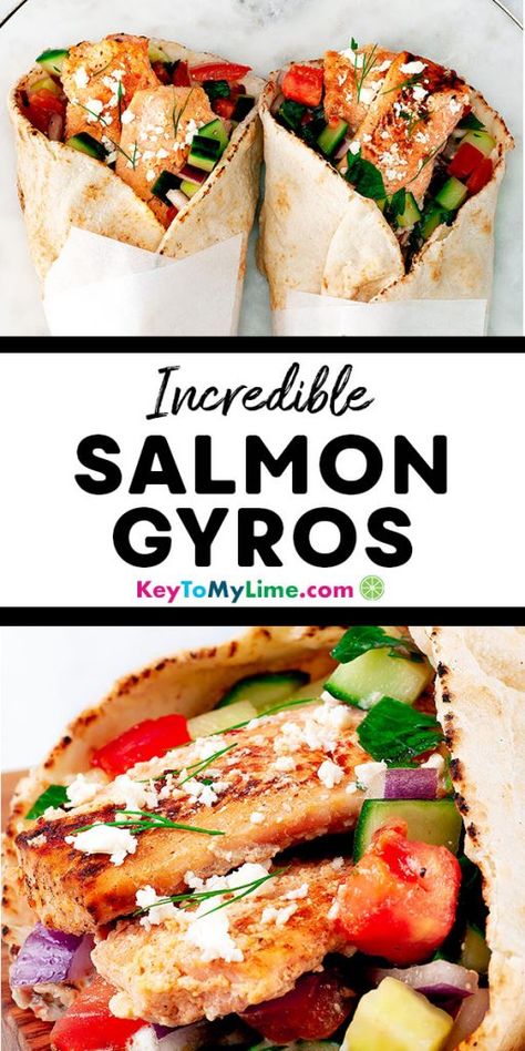 Fish Gyro Recipe, Salmon Gyro Recipe, Gyros Bread, Fish Gyros, Salmon Gyros, Easy Gyros, Pescatarian Dinners, Healthy Gyros, Gyro Sauce