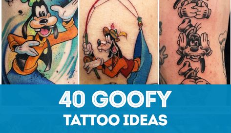 Huge list of ideas for Goofy tattoo designs. Get inspired! This Disney icon has become a popular tattoo theme for Disney fans. Goofy Tattoos For Men, Goofy Movie Tattoo Ideas, Goofy Tattoos Disney, Goofy Tattoo Disney, Disney Goofy Tattoos, Goofy Tattoos Ideas, Goofy Movie Tattoo, Goofy Tattoos, Pluto Tattoo