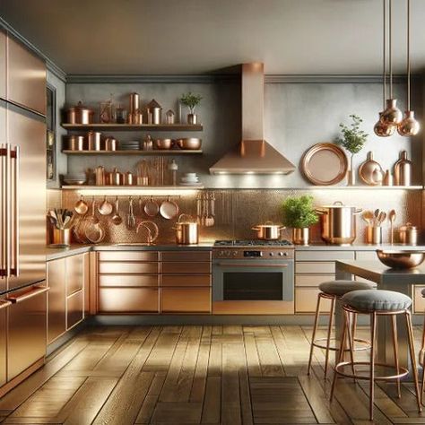 Elevating Kitchen with Copper Kitchen With Copper Accents, Copper Shelving, Copper Kitchen Accents, Dining Table Small Space, Light Green Kitchen, Accessories To Buy, Kitchen Towels Hanging, Unique Appliances, Copper Kitchen Accessories