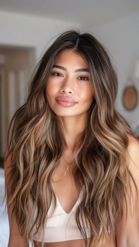 A person with long, wavy hair and a neutral expression indoors. Natural Hair Colour Ideas Brunettes, Easy Maintenance Highlights, Light Brown And Dark Brown Hair, Balayage Hair Blonde Brunette, Gold Balayage Brunettes, Balayage To Brunette, Hazel Blonde Hair, Blended Balayage Brunettes, Ombre Dark Brown Hair