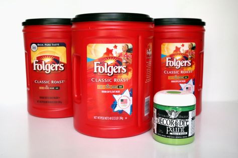 Coffee Canister Ideas Diy, Coffee Can Diy Projects, Folgers Coffee Container, Plastic Coffee Cans, Plastic Coffee Containers, Angels Decor, Coffee Can Crafts, Repurposed Projects, Folgers Coffee