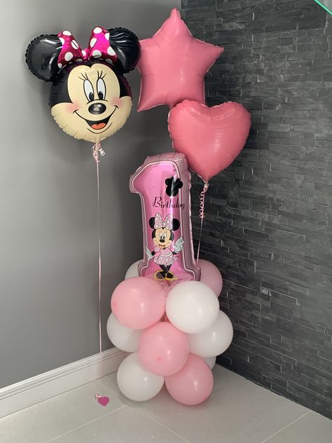 Minnie Mouse Birthday Theme, Minnie Mouse Balloons, Minnie Mouse Birthday Party Decorations, 1st Birthday Balloons, Minnie Mouse 1st Birthday, Baby Birthday Decorations, Minnie Cake, One Balloon, Minnie Party