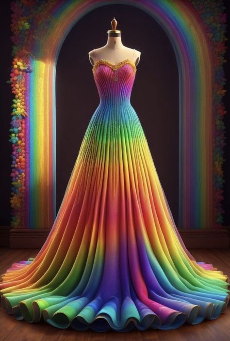 Prom Dresses Colorful, Lancha Dress, Graduation Ball Dress, Rainbow Rave Outfit, Rainbow Gown, Rainbow Wedding Dress, Colorful Summer Dresses, Colored Wedding Dress, Magical Dress