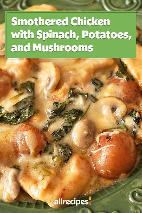 Chicken Potatoes And Spinach Recipes, Chicken Spinach Mushroom Soup, Smothered Chicken And Potatoes, Chicken Mushrooms Spinach Recipes, Smothered Chicken With Spinach, Turkey Casseroles, Potato Mushroom Recipe, Chicken Spinach Mushroom, Potatoes And Mushrooms