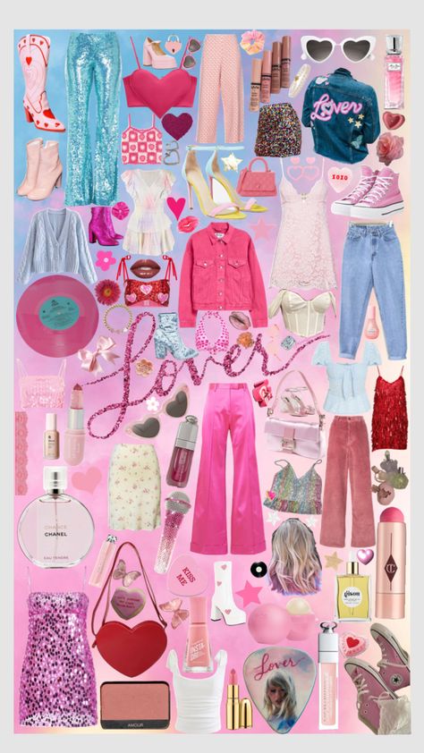 Taylor Swift Lover Outfits Pink, Lover Pjs Taylor Swift, Loved Album Outfits, Taylor Lover Outfit Ideas, Taylor Swift Lovers Outfit Ideas, Lover Theme Outfit, Taylor Swift Bachelorette Outfits, Taylor Swift Outfit Moodboard, Taylor Swift Lover Fits