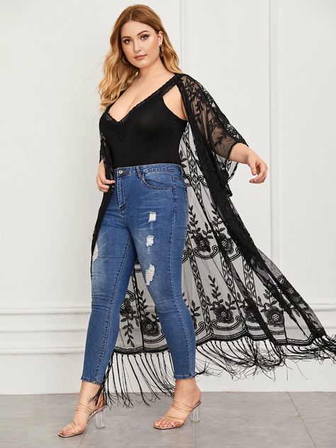 Plus Fringe Hem Embroidery Mesh Kimono | SHEIN Lace Kimono Outfit, Mesh Kimono, Black Lace Kimono, Hem Embroidery, Kimono Outfits, Stile Boho Chic, Chic Plus Size, Kimono Outfit, Plus Size Kimono