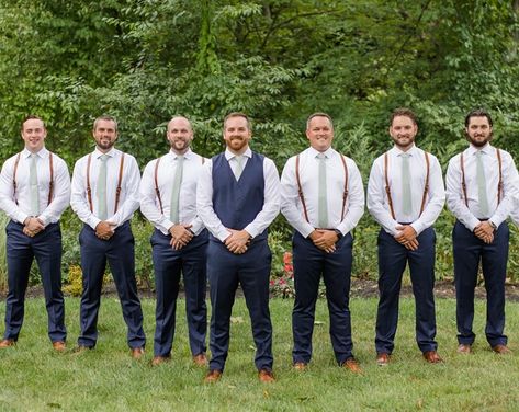 Groom In Vest Groomsmen In Suspenders, Suspenders With Jeans Wedding, Navy Blue Pants Brown Suspenders Wedding, Men’s Wedding Party Attire, Men In Suspenders Wedding, Wedding Suit With Suspenders, Suspenders Groomsmen Attire, Blue Jean Wedding Men Groom Attire Sage Green, Mens Attire Wedding