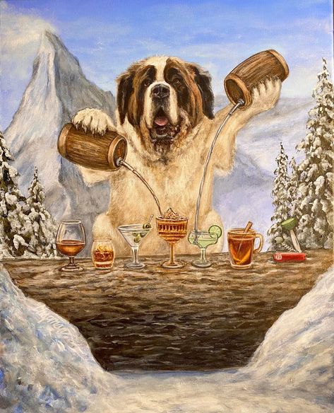 A highly trained St. Bernard rescue dog making drinks for avalanche victims. With the Matterhorn in the background.  A highly trained Saint Bernard can mix over 40 different cocktails. They used to just carry Brandy in the barrel, but lost hikers eventually wanted more selection.  Perfect gift of St. Bernard Lovers. Funny decor for any room in your home or office. Artist signed print, multiple variations.  Stretched canvas print has reinforcement bars with high quality hardware and wire for the Making Drinks, Search And Rescue Dogs, The Matterhorn, St Bernard Dogs, Funny Decor, Bernard Dog, St Bernard, Rescue Dog, Dog Sledding