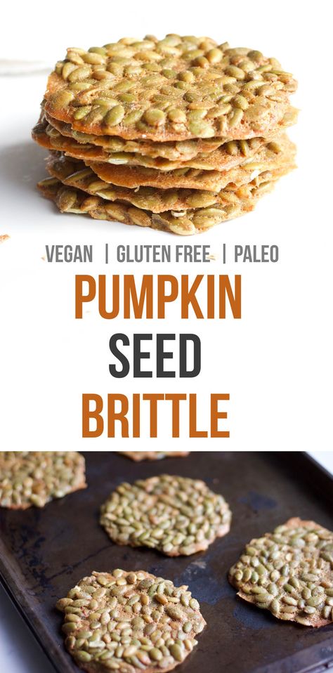 Pumpkin Seed Brittle Recipe, Pumpkin Seed Brittle, Dairy Free Pumpkin, Pumpkin Seed Recipes, Brittle Recipes, Gluten And Dairy Free, Healthy Vegan Snacks, Roasted Pumpkin Seeds, Pumpkin Seed