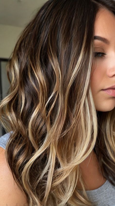 Glamorous Dark Brown Hair with Blonde Ideas for Blonde Layers 🌟 Chocolate Brown With Blonde Balayage, Balayage Dark Brown Hair To Blonde, Layers Dark Brown Hair, Dark Brown Hair With Blonde Balayage, Blonde On Dark Hair, Blonde Highlights Underneath, From Brunette To Blonde, From Blonde To Brunette, Bold Balayage