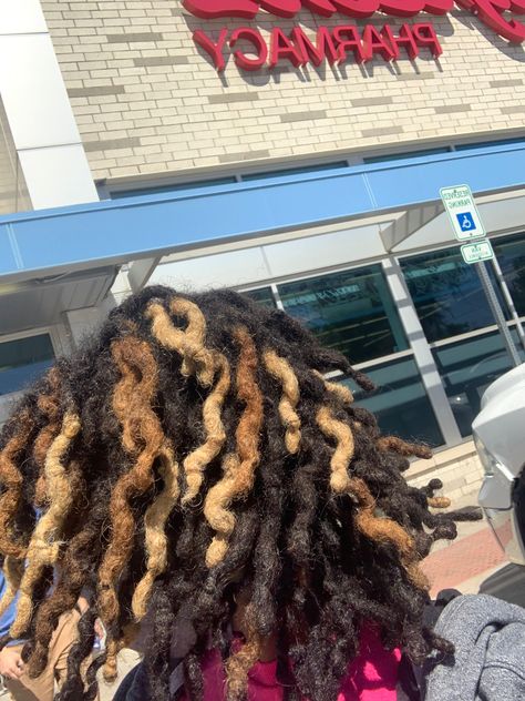 Black Brown Blonde Locs, Blonde Highlights Locs, Black Locs With Highlights, Locs With Highlights Black Women, Locs With Blonde Highlights, Loc Highlights Black Women, Locs With Highlights, Blonde Locs Black Women, Dreads Black Women