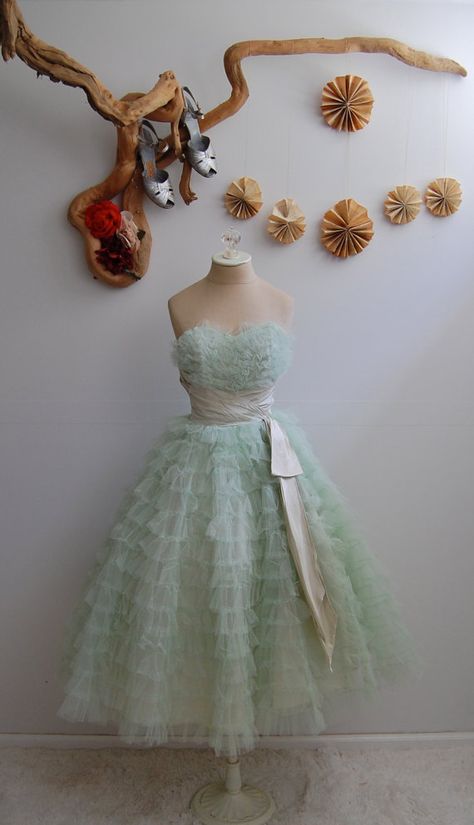 $225 Vintage 50s Party Dress   # Pin++ for Pinterest # Cupcake Dresses, Corset Stays, Seafoam Dress, 50s Prom Dresses, 1950s Prom, Blue Gowns, Dress Layers, 50s Prom, Wendy Darling