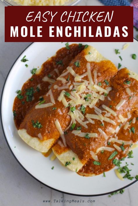 Chicken Mole Enchiladas, or Enmoladas, are  amazing! The Mole sauce is thick and rich with a deep delicious flavor.  It easy because (1) the mole cooks in a pan and purees in the blender (2) it uses rotisserie chicken, so you only need to shred it!  The mole has tomato sauce, green chilis, garlic, adobo sauce, and spices that balance so harmoniously with unsweetened chocolate and cinnamon for the amazing Mole flavor. #familydinners #enchiladas #chickendinners #easychickenrecipes #molerecipe Easy Mole Sauce, Mole Enchiladas Recipe, Chicken Mole Enchiladas, Mole Sauce Recipe, Mole Enchiladas, Chicken Mole Recipe, Mole Recipe, Easy Spring Recipes, Busy Mom Recipes