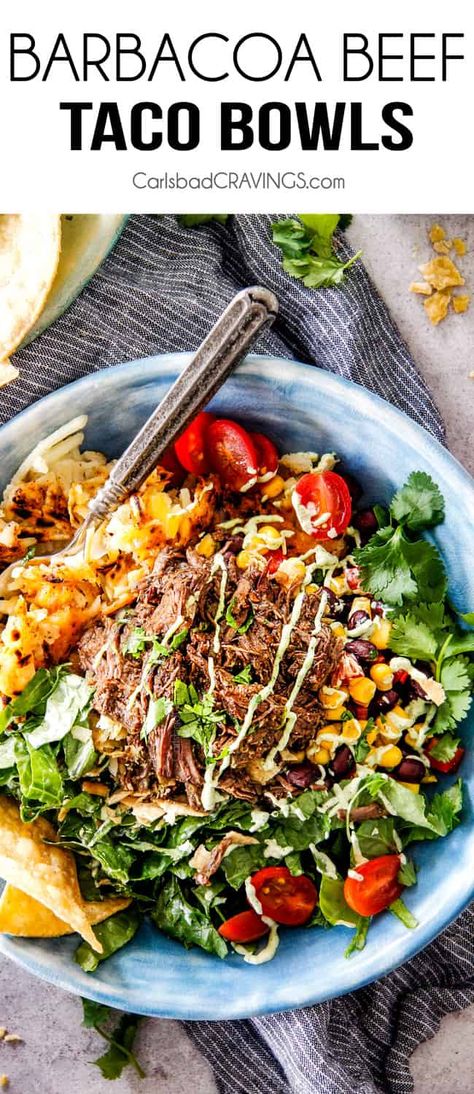 Barbacoa Beef Taco Bowls with Cheesy Hash Browns and Avocado Ranch Ranch Enchiladas, Beef Taco Bowls, Enchiladas Beef, Beef Barbacoa, Taco Bowl Recipe, Cheesy Enchiladas, Slow Cooker Barbacoa, Chicken Bowl Recipe, Taco Bowl