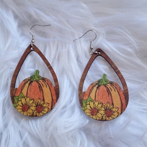 Adorable Wooden Fall Earrings With Pumpkin And Sunflower Design. These Have The Same Design On Back, Made From Wood With A Glow Forge. First Picture Shows Both Side By Side Second Shows Design Third Shows Thickness These Aren't Heavy Earrings Measure 3 Inches In Height And 1.4 Inches Wide All Items Come From A Smoke Free, And Pet Free Home. New Without Tags, Handmade Keywords: Fall, Pumpkin, Holiday, October Earrings, Handmade, Dangle Earrings, Autumn, Crystal Rhinestone Bling Stone God Silver C Glow Forge, Teardrop Diamond, Handmade Dangle Earrings, Vintage Clip Earrings, Heavy Earrings, Sunflower Earrings, Earrings Handmade Dangle, Diamond Jewel, Statement Choker