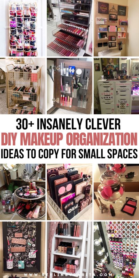 makeup organization ideas Makeup Station Decor, Organizing Beauty Products Bedroom, Diy Hair Station At Home, Makeup Organization Small Space, Small Makeup Room Ideas, Makeup Storage For Small Spaces, Beauty Product Organization, Small Makeup Room, Diy Makeup Storage Ideas