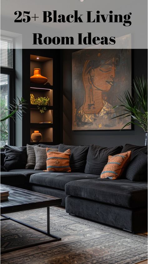 A unique living room with black walls, bold artwork, and a mix of contemporary and traditional decor. The space is inviting with its rich textures and vibrant accents. Black Living Room Ideas, Black Sofa Living Room Decor, White Modern Furniture, Black Sofa Living Room, Black Living, Black And White Living Room, Sleek Furniture, Black Living Room, Black Sofa