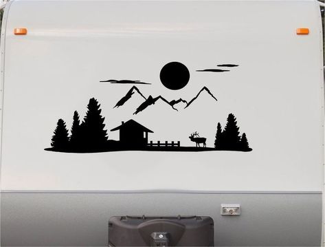 Mountains Lake Deer RV Camper 5th Wheel Motor Home Vinyl Decal Sticker    V04 Camper Decals Vinyls, Camping Tattoo Ideas, Rv Stickers, Scenery Stickers, Camping Tattoo, Camper Decals, Rv Decals, Custom Campers, Stripe Kit