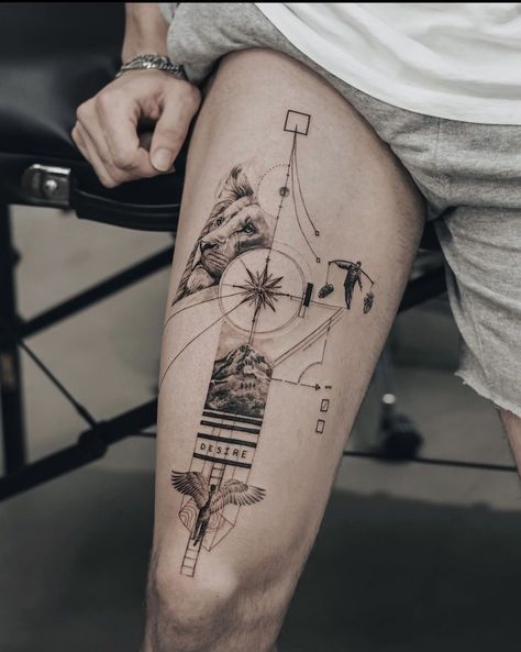 Geometric Tattoo Thigh, Concept Tattoo, Calf Tattoo Men, Geometric Line Tattoo, Brain Tattoo, Armband Tattoo Design, Men Tattoos Arm Sleeve, Cool Chest Tattoos, Text Tattoo