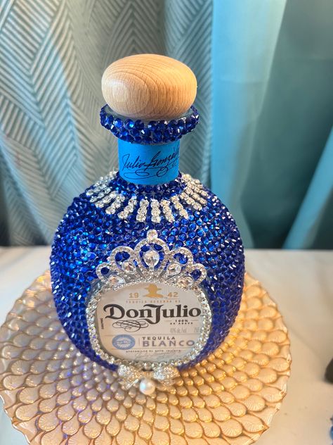 Beauty decorated empty Don Julio 750 mL bottle use for display or  reuse. Add your own liquor.   blue and silver rhinestones all done by hand. Don Julio Blanco Bottle Decorated, Decorated Bottles For 21st, Don Julio Bottle Decorated, Navy Quince, Bedazzled Bottles, Bedazzled Things, Delulu Era, Alcohol Bottle Decorations, 21st Birthday Diy