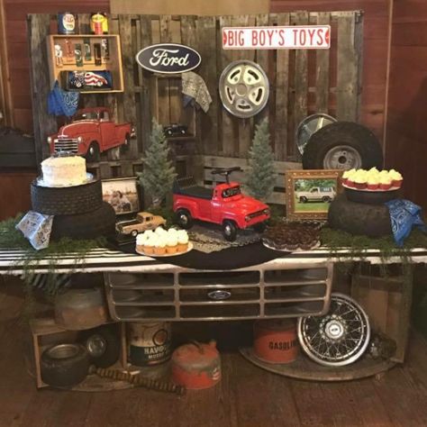 Ford Truck Birthday Party Ideas, Vintage Cars Party Theme, Ford Party Decor, Chevy Party Theme, Chevy Themed Birthday Party, Classic Car Centerpieces Ideas, Vintage Truck Birthday Party, Ford Themed Birthday Party, Ford Birthday Party Ideas