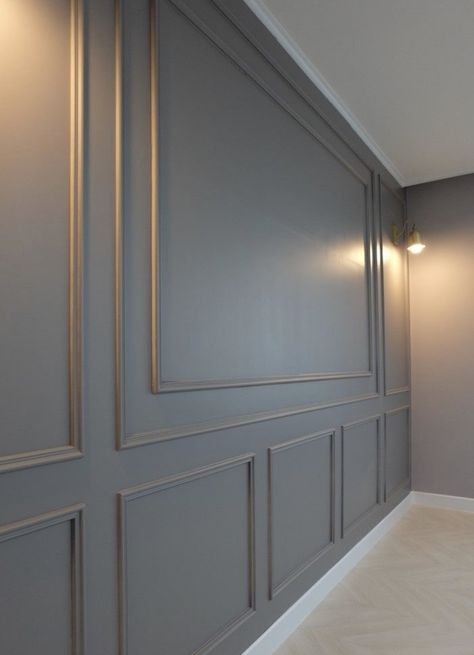 Gold trim Mdf Moulding Design On Wall, درج السلم, Tv Units, Empty Room, Hus Inspiration, घर की सजावट, Wall Molding, Drawing Room, Grey Walls